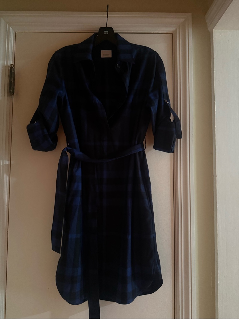 Burberry Dark Blue Plaid Shirt Dress with Waist Tie